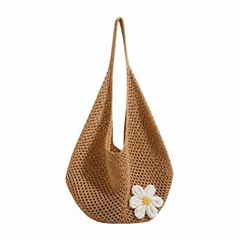 Flower Detail Woven Tote Bag for Women - Lightweight Summer Shoulder Bag for Vacation