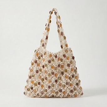 Women's Beaded Shoulder Bag with Open Macrame Design and Double Strap