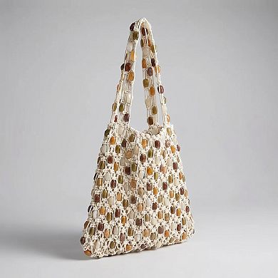 Women's Beaded Shoulder Bag with Open Macrame Design and Double Strap