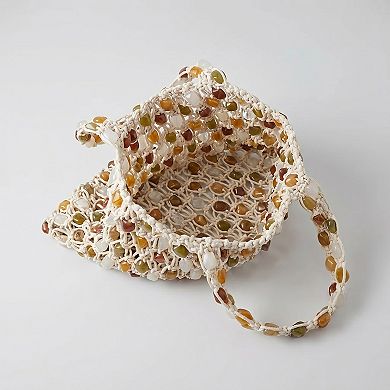 Women's Beaded Shoulder Bag with Open Macrame Design and Double Strap
