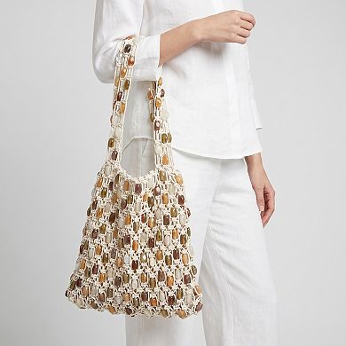 Women's Beaded Shoulder Bag with Open Macrame Design and Double Strap