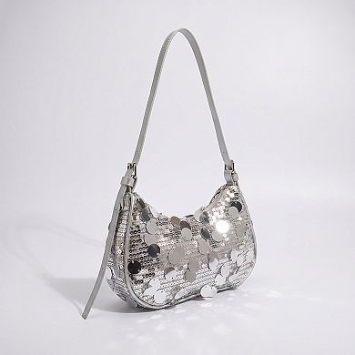 Women's Sequin Crescent Shoulder Bag with Disc Paillette Details and Slim Strap
