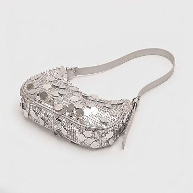 Women's Sequin Crescent Shoulder Bag with Disc Paillette Details and Slim Strap