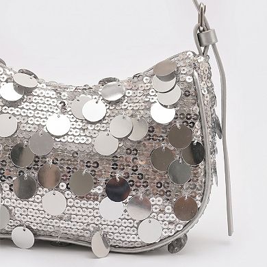 Women's Sequin Crescent Shoulder Bag with Disc Paillette Details and Slim Strap