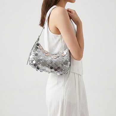 Women's Sequin Crescent Shoulder Bag with Disc Paillette Details and Slim Strap