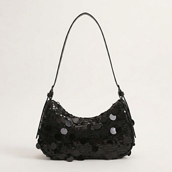 Women's Sequin Crescent Shoulder Bag with Disc Paillette Details and Slim Strap