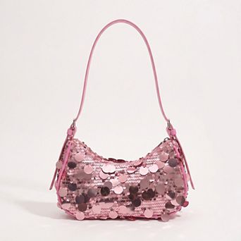Women's Sequin Crescent Shoulder Bag with Disc Paillette Details and Slim Strap