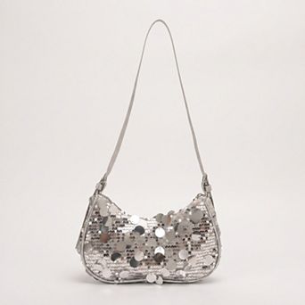 Women's Sequin Crescent Shoulder Bag with Disc Paillette Details and Slim Strap
