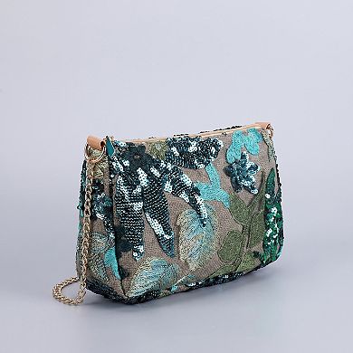 Women's Floral Embroidered Sequin Shoulder Bag with Chain Strap Curved Silhouette