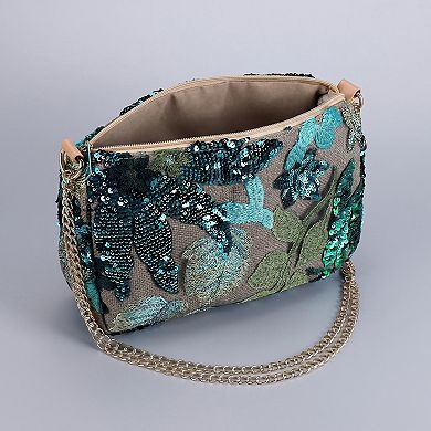 Women's Floral Embroidered Sequin Shoulder Bag with Chain Strap Curved Silhouette