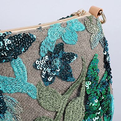 Women's Floral Embroidered Sequin Shoulder Bag with Chain Strap Curved Silhouette