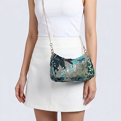 Women's Floral Embroidered Sequin Shoulder Bag with Chain Strap Curved Silhouette