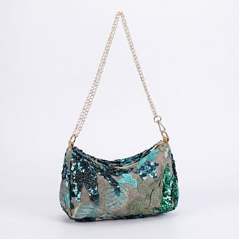 Women's Floral Embroidered Sequin Shoulder Bag with Chain Strap Curved Silhouette