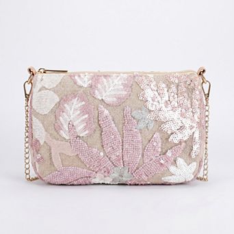 Women's Floral Embroidered Sequin Shoulder Bag with Chain Strap Curved Silhouette