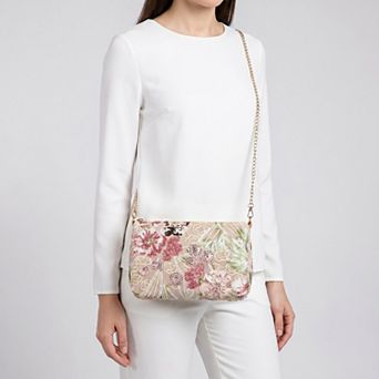 Women's Floral Embroidered Sequin Shoulder Bag with Chain Strap Curved Silhouette