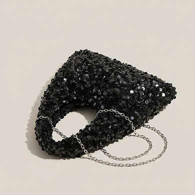 Women's Sequin Top Handle Mini Bag with Round Cutout Handle and Chain Strap