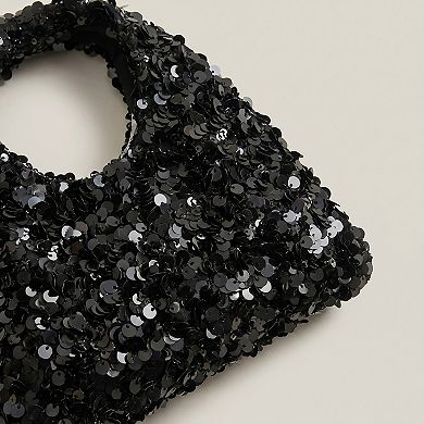 Women's Sequin Top Handle Mini Bag with Round Cutout Handle and Chain Strap
