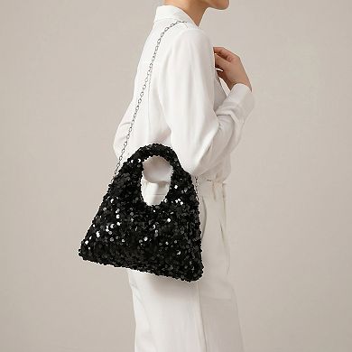 Women's Sequin Top Handle Mini Bag with Round Cutout Handle and Chain Strap