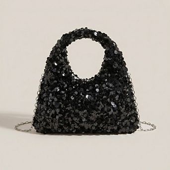 Women's Sequin Top Handle Mini Bag with Round Cutout Handle and Chain Strap