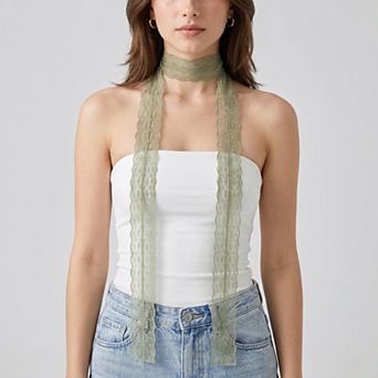 Women's Sheer Lace Skinny Scarf with Scalloped Edges and Long Narrow Neck Tie Design