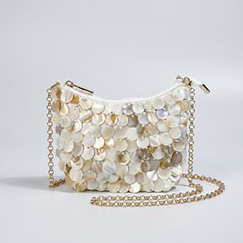 Women's Paillette Crossbody Bag with Chain Strap Top Zip Closure Textured Disc Details