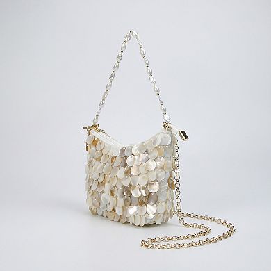 Women's Paillette Crossbody Bag with Chain Strap Top Zip Closure Textured Disc Details