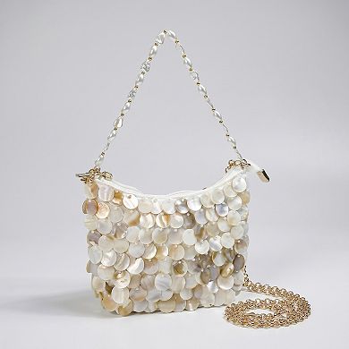 Women's Paillette Crossbody Bag with Chain Strap Top Zip Closure Textured Disc Details