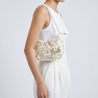 Women's Paillette Crossbody Bag with Chain Strap Top Zip Closure Textured Disc Details