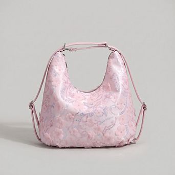 Women's Floral Sequin Hobo Shoulder Bag with 3D Applique Details and Adjustable Strap