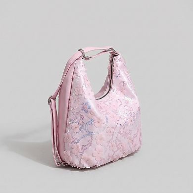 Women's Floral Sequin Hobo Shoulder Bag with 3D Applique Details and Adjustable Strap