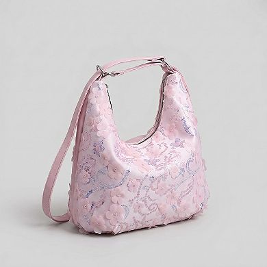 Women's Floral Sequin Hobo Shoulder Bag with 3D Applique Details and Adjustable Strap