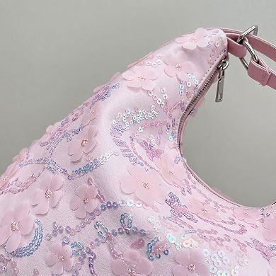 Women's Floral Sequin Hobo Shoulder Bag with 3D Applique Details and Adjustable Strap