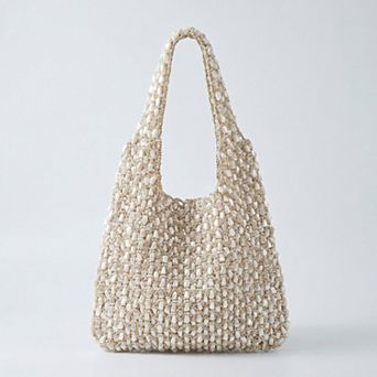 Women's Beaded Shoulder Bag with Macrame Open Weave Double Strap Design