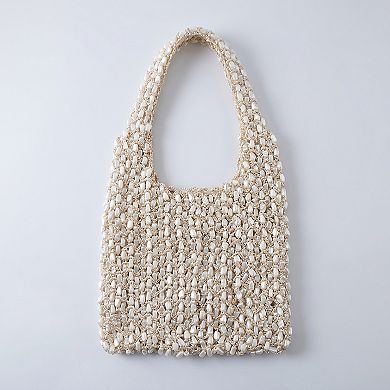 Women's Beaded Shoulder Bag with Macrame Open Weave Double Strap Design