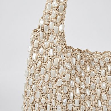 Women's Beaded Shoulder Bag with Macrame Open Weave Double Strap Design