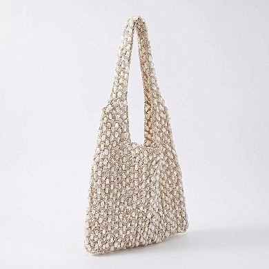 Women's Beaded Shoulder Bag with Macrame Open Weave Double Strap Design