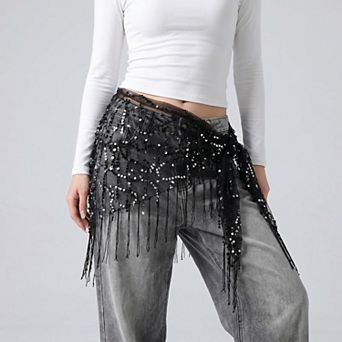 Women's Sheer Sequin Fringe Skinny Scarf with Embroidered Swirl Pattern Neck Tie