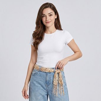 Women's Sheer Sequin Fringe Skinny Scarf with Embroidered Swirl Pattern Neck Tie