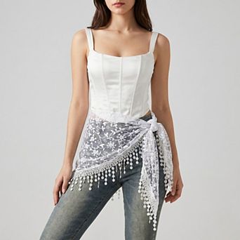 Women's Sheer Embroidered Triangle Scarf with Floral Lace Trim and Tie Wrap Design