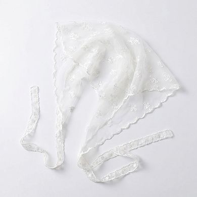 Women's Sheer Embroidered Triangle Scarf with Floral Pattern and Lace Edge Tie