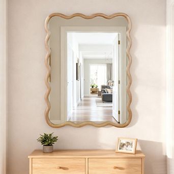 30"x40" Natural Wood Wavy Frame Mirror Solid Wood Decorative Wall Mirror for Bedroom, Bathroom