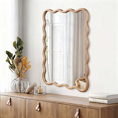 30"x40" Natural Wood Wavy Frame Mirror Solid Wood Decorative Wall Mirror for Bedroom, Bathroom