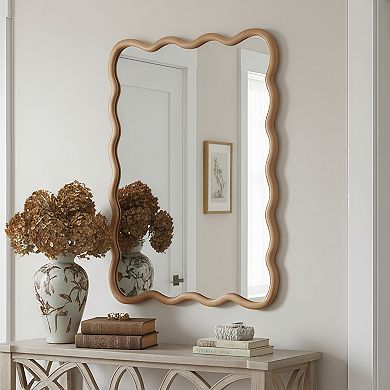 30"x40" Natural Wood Wavy Frame Mirror Solid Wood Decorative Wall Mirror for Bedroom, Bathroom