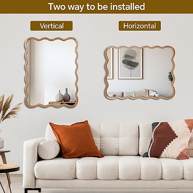 30"x40" Natural Wood Wavy Frame Mirror Solid Wood Decorative Wall Mirror for Bedroom, Bathroom