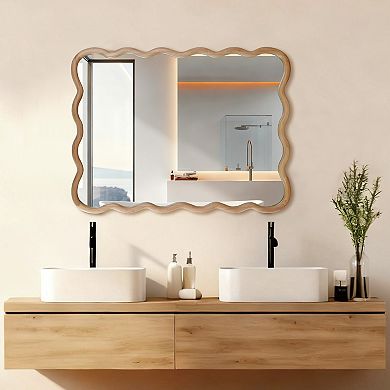 30"x40" Natural Wood Wavy Frame Mirror Solid Wood Decorative Wall Mirror for Bedroom, Bathroom