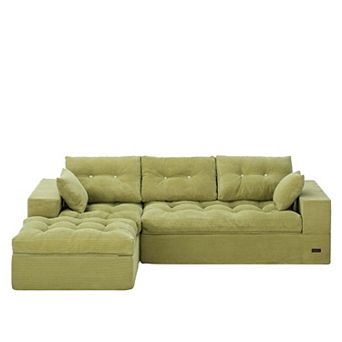 MAXYOYO Puffinest L Shaped Sofa, Corduroy Convertible Ottoman, No Assembly