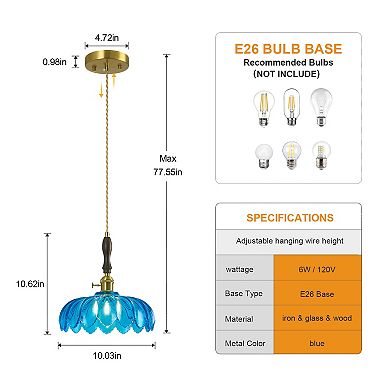 ZLAIQB 1-Light Retro Flower Glass Adjustable 10.03" Pendant Light