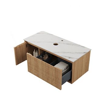 36" Walnut Floating Bathroom Vanity with Countertop, No Sink