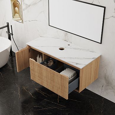 36" Walnut Floating Bathroom Vanity with Countertop, No Sink