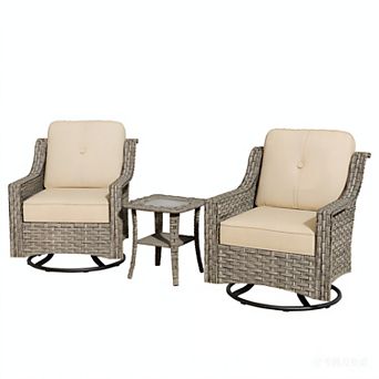Ovios Outdoor Rattan Swivel Rocking Chairs Set w/ Side Table, All-Weather Patio Set, PE Wicker